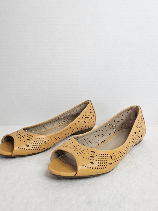 Nicole Shoes - Nicole Women's Open-Toe Laser-Cut Flats in Mustard Yellow